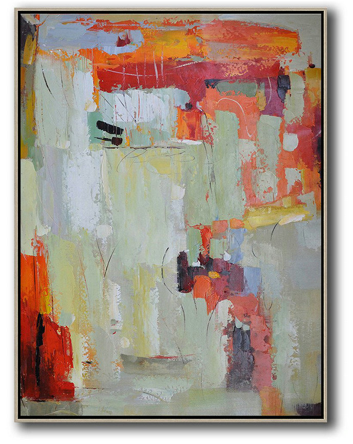 Large Canvas Wall Art For Sale,Vertical Palette Knife Contemporary Art,Hand Painted Acrylic Painting,Red,Light Green,Grey.etc